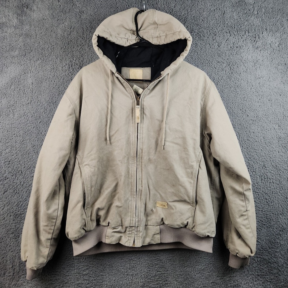 Vintage Canvas Quilt Lined Bomber Work Jacket Womens Large Faded Hooded Tan Coat